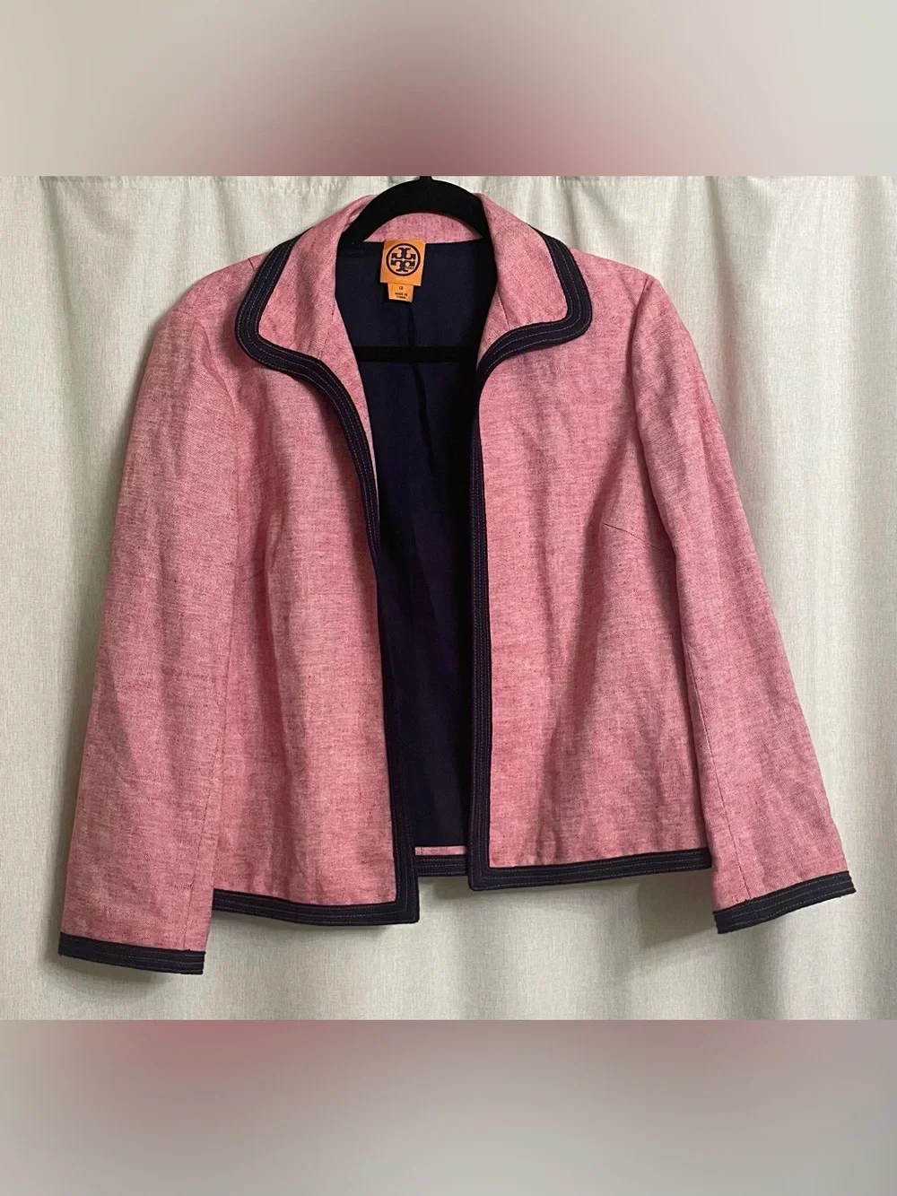 Tory Burch Pink Linen Blend Open Front Jacket Blazer Size 12